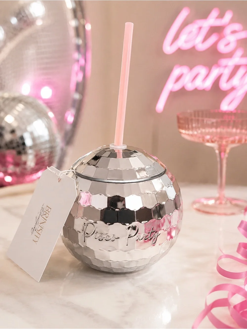 Disco Ball Party Cup Tumbler with Straw Silver Mirror Drink Cup NWT
